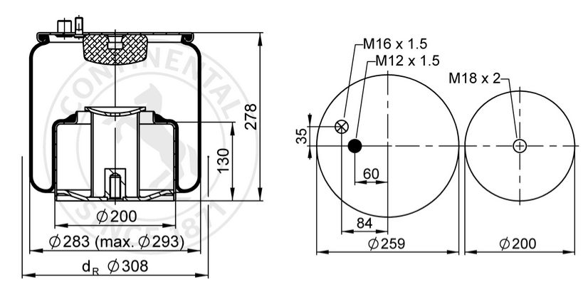 Пневморессора MAN TGA металлический стакан 1шп.M12,1шп.M16,1отв.M18 KOLNHER K48846C