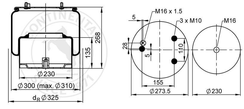 Пневморессора DAF со стаканом (пластик) 3шп.-M10 1отвер.M16 под возд. KOLNHER K8361CPL